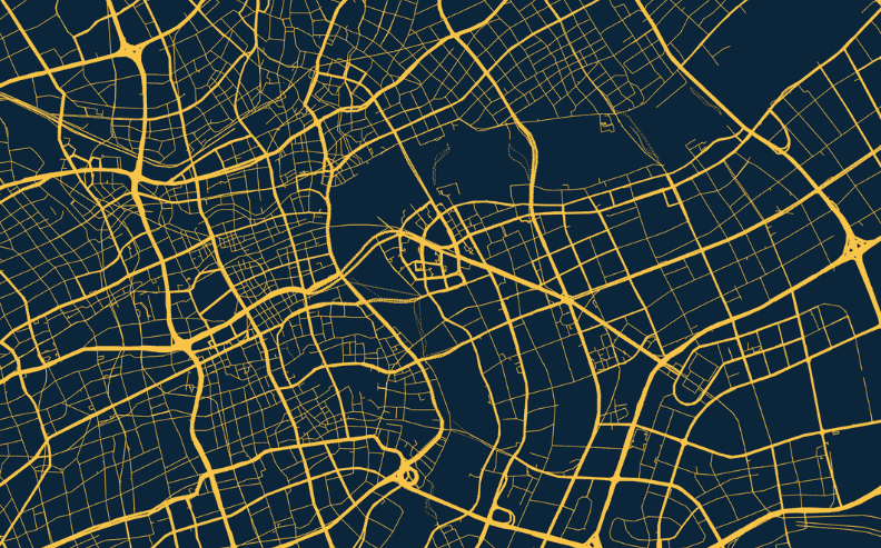 Abstract map illustration with a dark blue background and yellow lines depicting a complex network of city streets and roads, forming a dense urban grid pattern. No labels or landmarks are visible.