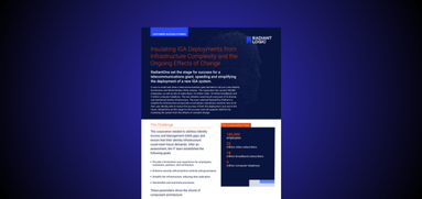 A webpage with a dark blue gradient background features a white content box titled Insulating 5GA Deployments from Infrastructure Complexity and the Ongoing Effects of Change, with text, a sidebar of stats, and the Radiant Logic logo.