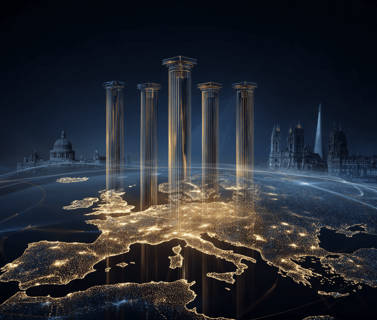 A digital illustration of Europe at night shows glowing city lights and five illuminated pillars rising from the continent, with famous European landmarks and a dark blue night sky in the background.
