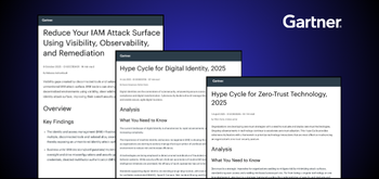 Three Gartner research reports are displayed on a blue background. Titles include IAM attack surface reduction, 2025 digital identity hype cycle, and 2025 zero-trust technology hype cycle. Gartner’s logo appears in the top right corner.
