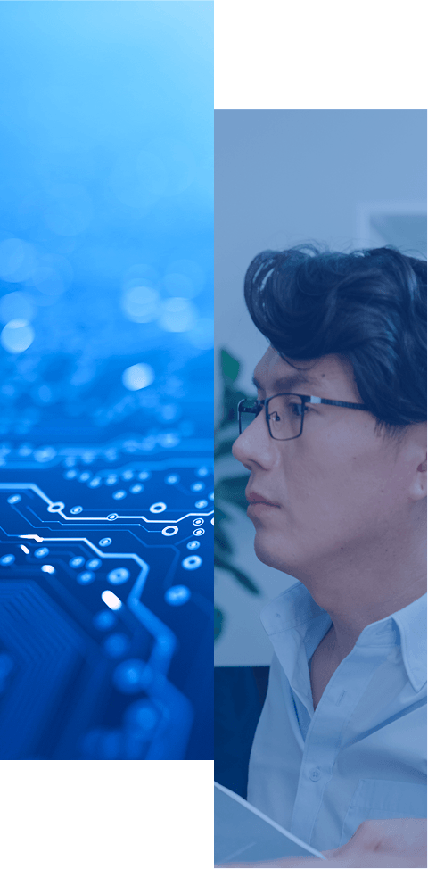 A split image showing a close-up of a blue computer circuit board on the left and a man with glasses working on a computer on the right.