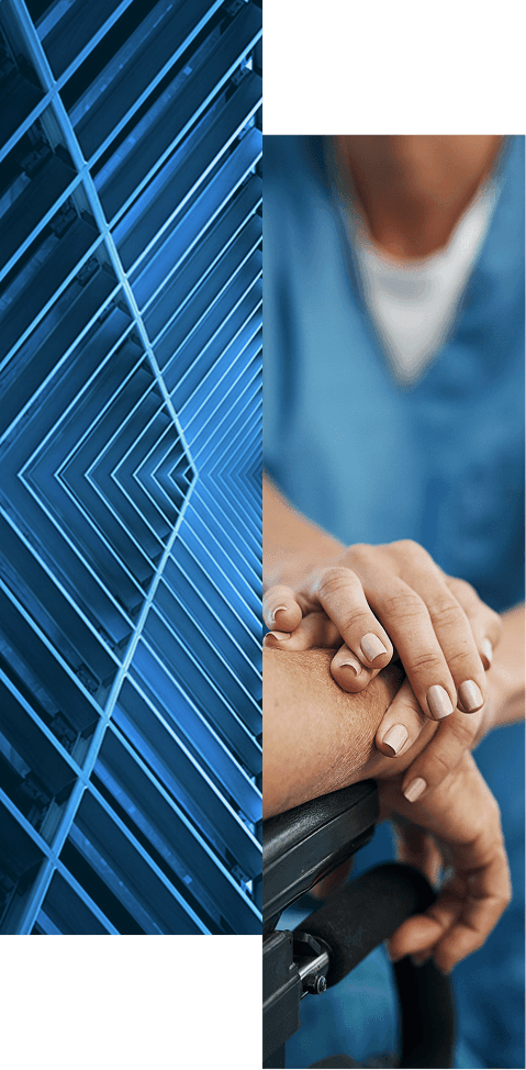 Abstract split image: the left side features geometric blue lines forming chevron patterns; the right side shows a person in scrubs gently placing their hand over another persons hand, suggesting care and support.