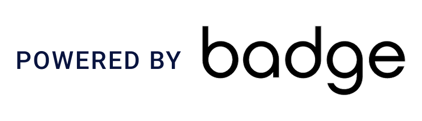 The words “Powered by badge” with Powered by in dark blue uppercase letters and badge in bold black lowercase letters.