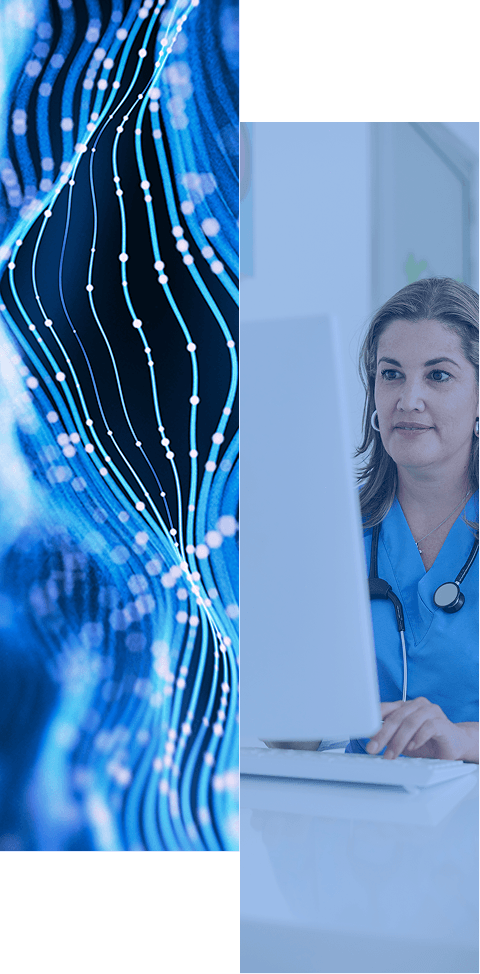 A split image: on the left, abstract blue digital lines and dots; on the right, a doctor in a blue uniform working at a computer in a medical office.