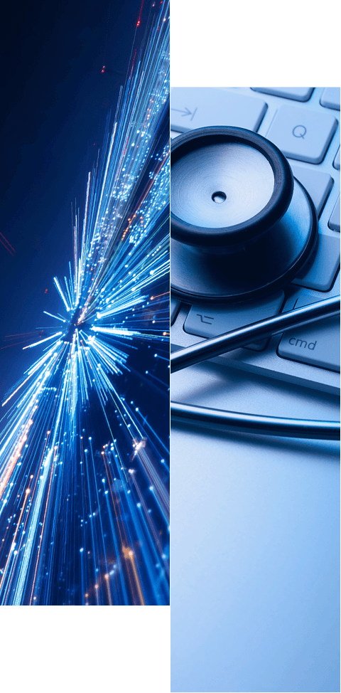 Split image: left side shows bright blue fiber optic strands against a dark background; right side shows a stethoscope resting on a computer keyboard, representing technology and healthcare.