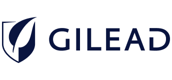 Gilead logo featuring a stylized leaf inside a shield shape, placed to the left of the word GILEAD in bold, dark blue capital letters on a light background.