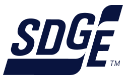 SDG&E logo in dark blue letters with a wavy stripe design above the E on a light background.