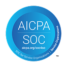A blue circular badge with the text AICPA SOC in the center and SOC for Service Organizations | service organization around the edge. The website aicpa.org/soc4so appears below the main text.