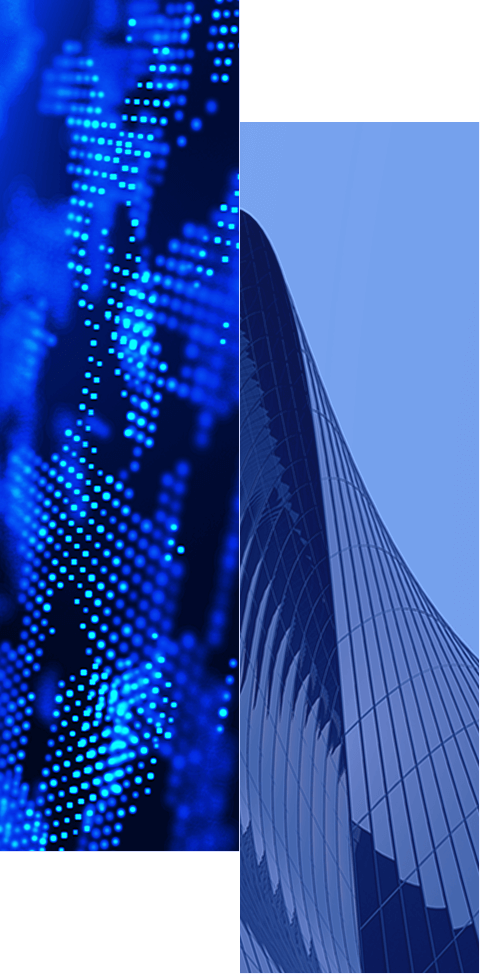 Split image: left side shows a digital, blue world map made of glowing dots; right side shows the curved glass facade of a modern skyscraper against a light blue sky. Learn more about how we help organizations’ identity-first security approach.