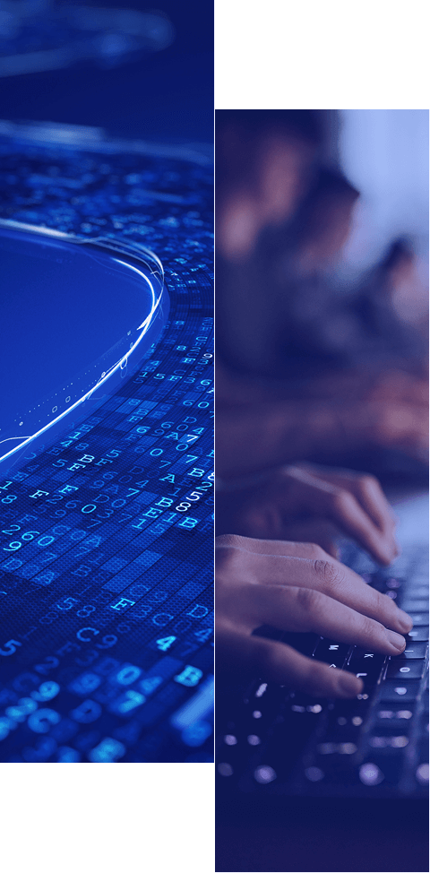 Split image: left side features digital code and abstract blue graphics; right side shows hands typing on a keyboard, with blurred people in the background, highlighting how Radiant One helps organizations improve their Identity Governance and Administration programs.