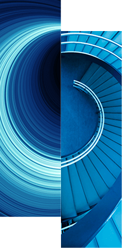 Split image: left side shows swirling blue light trails; right side shows a top-down view of a blue spiral staircase. Both sides create a circular, dynamic visual effect.