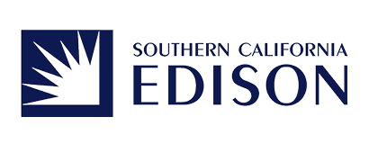 Southern California Edison logo featuring a stylized white sunburst on a blue square, with the words Southern California Edison in blue uppercase letters to the right of the sunburst.