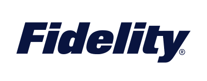 The image shows the Fidelity logo, featuring the word Fidelity in bold, dark blue letters on a light gray background.