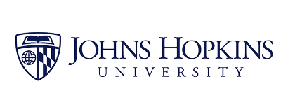 Johns Hopkins University logo featuring a blue shield with a globe, an open book, and a pattern, next to the text Johns Hopkins University in blue serif font on a light background.