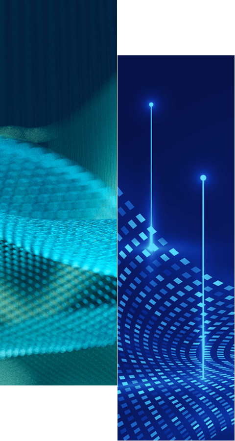 Split image: Left side shows wavy blue-green abstract light patterns; right side features a digital grid of blue squares with two vertical glowing lines, set against a dark blue background. Learn more about how we protect privileged accounts from cyber criminals.