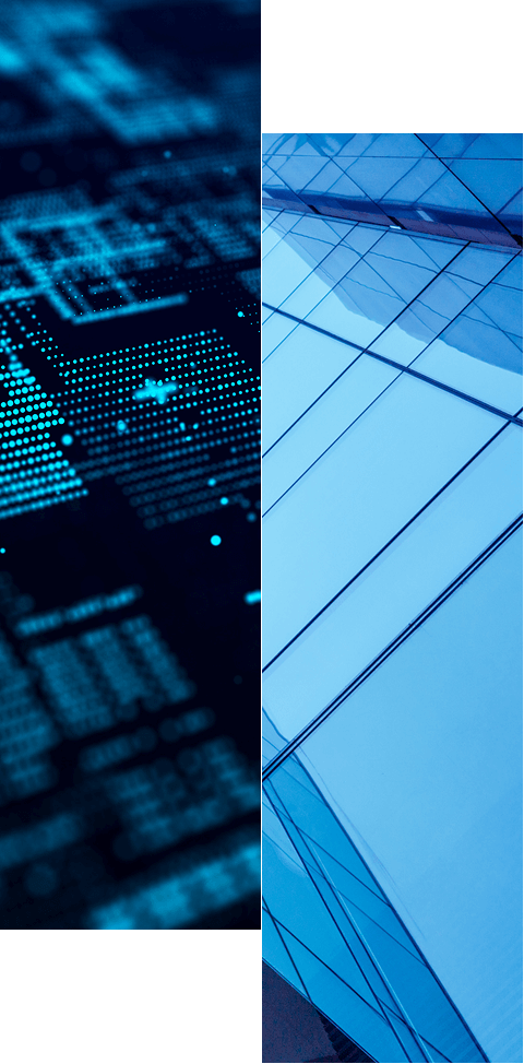 Split image: left side shows a close-up of illuminated digital circuit patterns; right side displays reflective blue glass windows on a modern building. Learn more about how we automate user access reviews for access rights compliance.