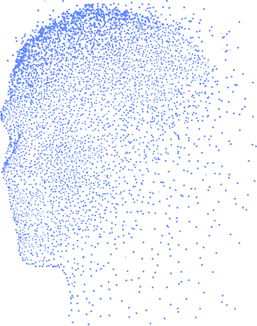 A digital illustration of a human head in profile view, created with numerous small blue dots on a light gray background, evokes the particle dispersion effect seen in RadiantOne identity data and intelligence solutions.