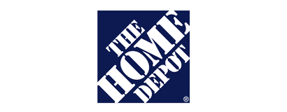 The Home Depot logo with the words The Home Depot in bold, white, capital letters arranged diagonally on a dark blue square background.