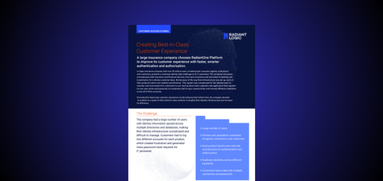 A digital flyer for Radiant Logic titled Creating Best-In-Class Customer Experience, describing how a large insurance company improved customer experience using the RadiantOne Platform. The design features a blue background.