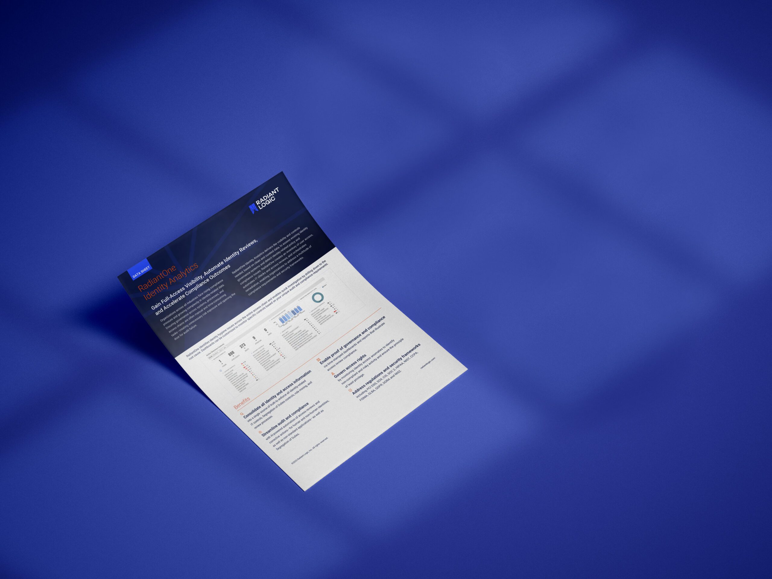 A single-page brochure with a dark blue and white design lies on a smooth, blue surface with shadows. The brochure features text, charts, and a logo in the upper right corner.