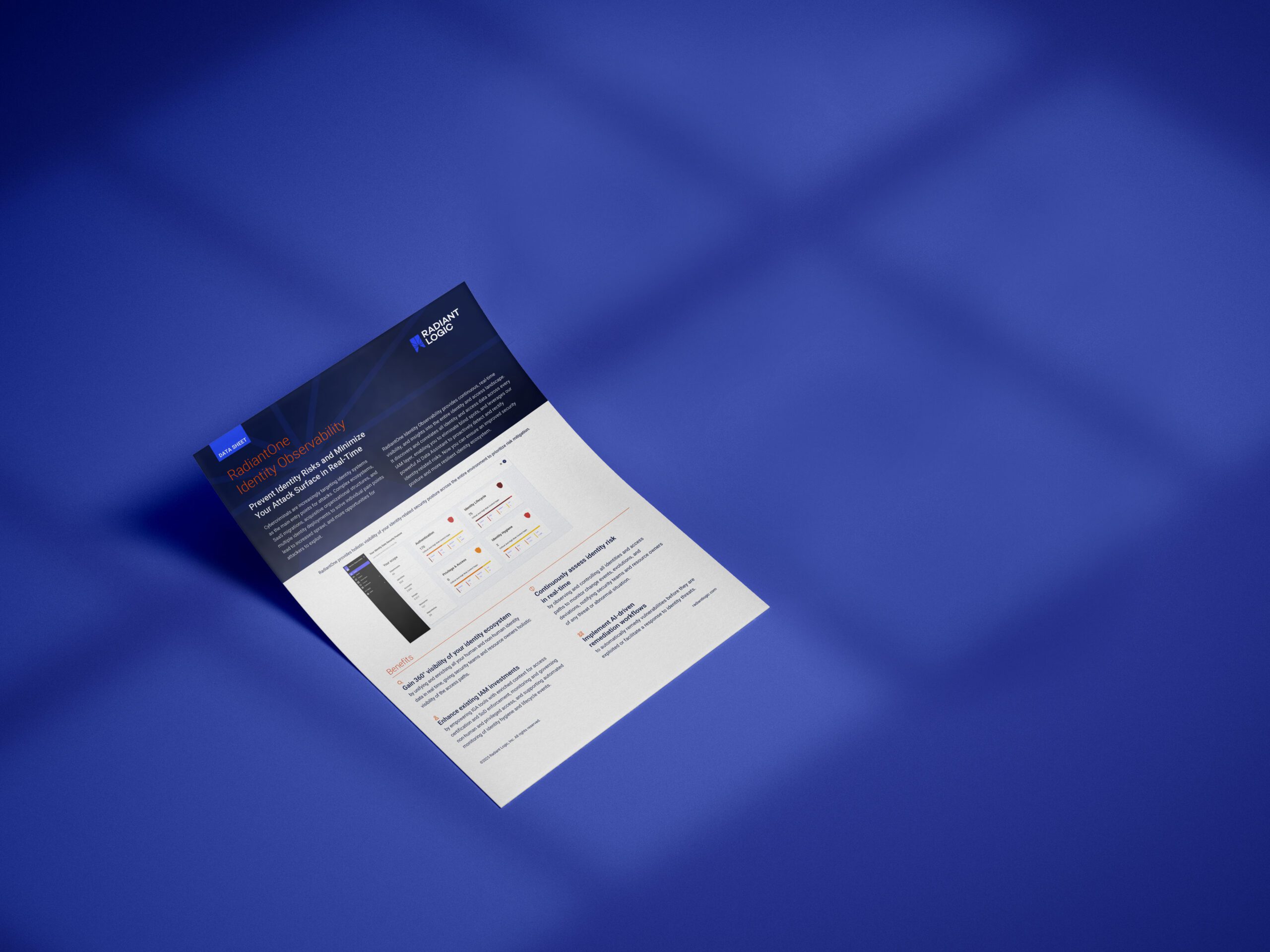 A single-page flyer with text and graphics lies on a smooth, blue surface, angled slightly. The flyer features a dark header and white body section with charts, icons, and blocks of text. Shadows form a grid pattern on the background.