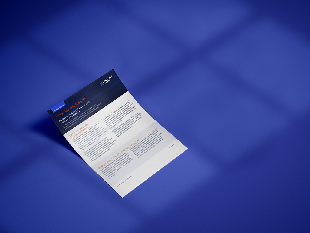 A single-page document with text and graphics lies on a smooth, blue surface, partially illuminated by window-like shadows. The document features dark and orange header sections with mostly white text-filled content below.