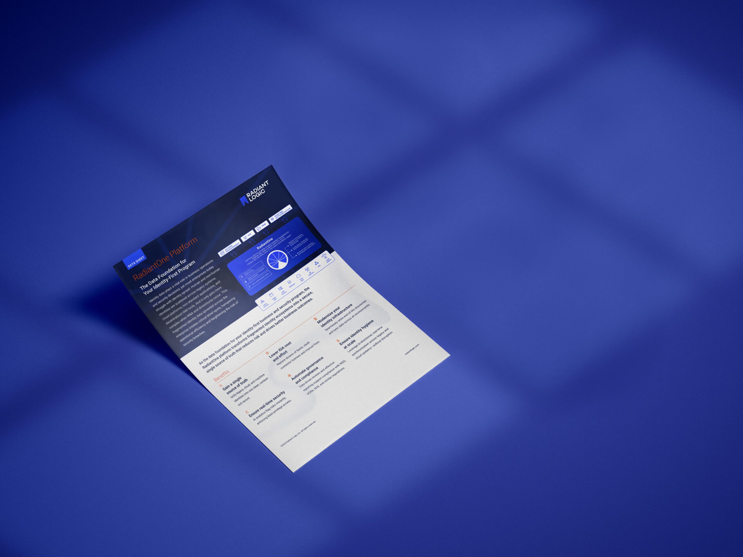A single-page brochure or flyer with a blue and white design lies on a solid blue surface, showcasing text, graphs, and tables about a product or service, with shadows cast across the background.