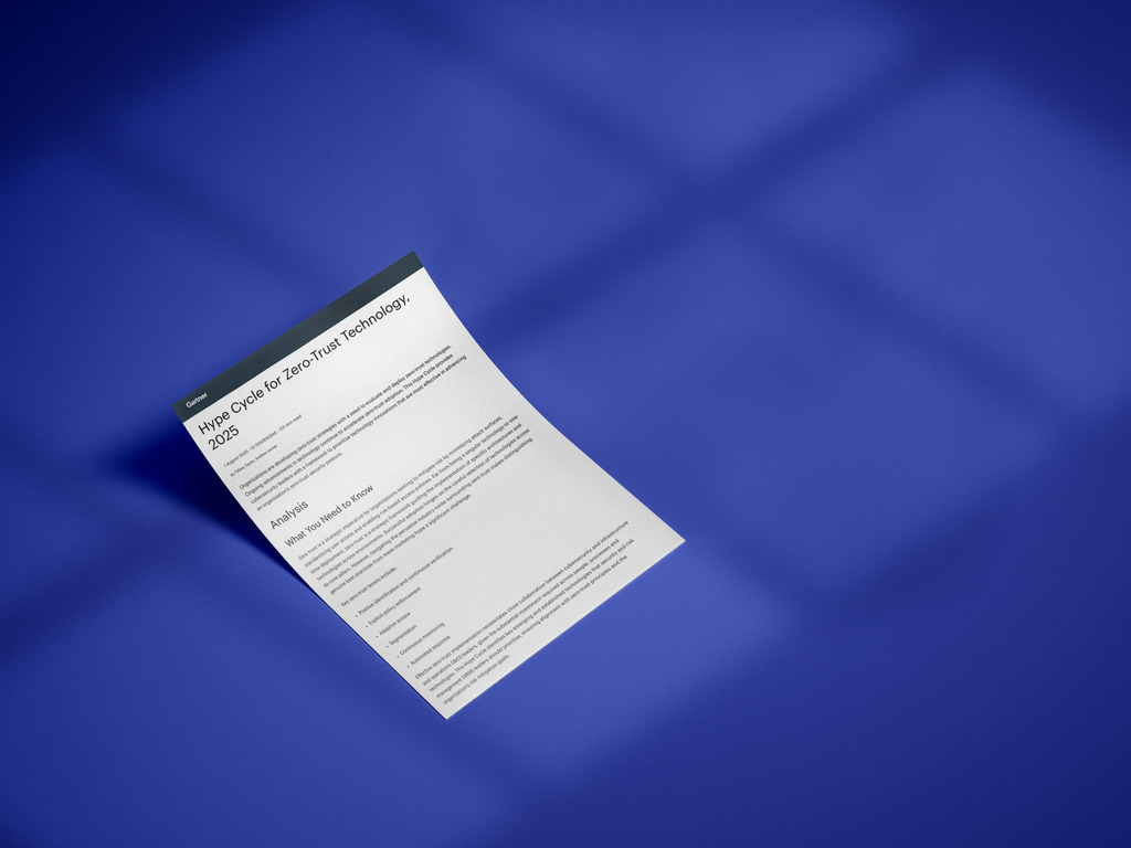 A single printed resume is floating at an angle above a smooth blue surface, with faint window-shaped shadows in the background. The resume heading reads Hope Chiplet for Zero Trust Technology.