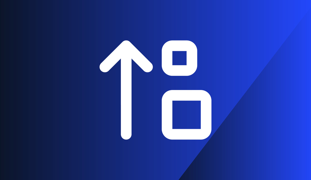 White upward arrow and two square icons on a blue gradient background with diagonal shading. Request a Demo to See Radiant Logic In Action.