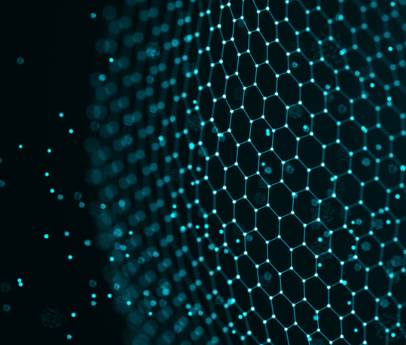 A digital illustration of a curved hexagonal grid pattern with glowing blue lines and scattered particles on a dark background, representing a futuristic or technological concept.