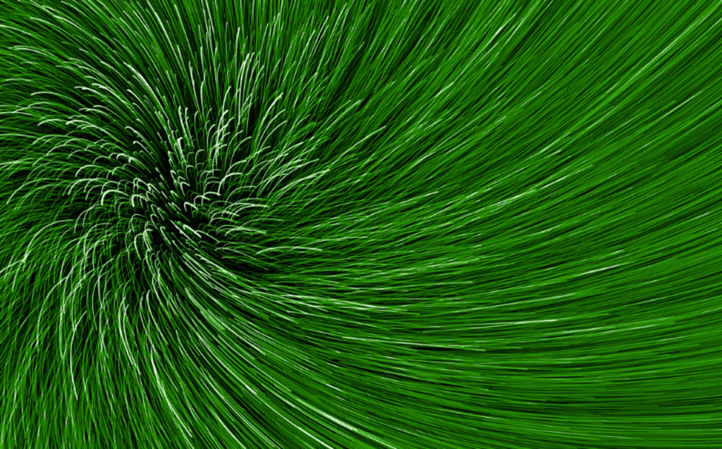 Green swirling lines radiate outward from a central point, creating a dynamic, abstract pattern resembling flowing grass or energetic waves.