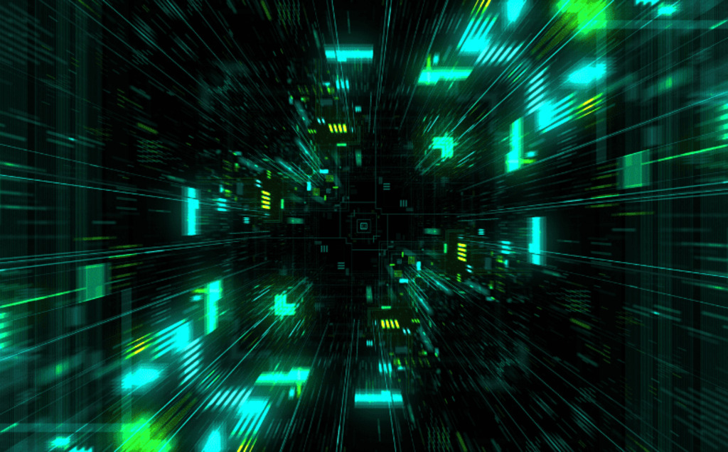 Abstract digital image with glowing green and yellow light streaks radiating from the center, evoking a futuristic data tunnel that visually represents Identity Data Fabric defined, its value impact, and Radiant Logic’s innovative approach to harnessing it.