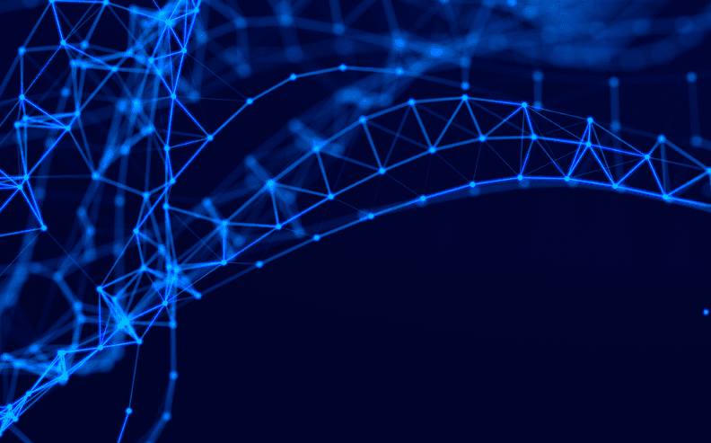 Abstract digital network of interconnected blue lines and glowing nodes forming geometric shapes on a dark blue background, resembling a futuristic or technological web.