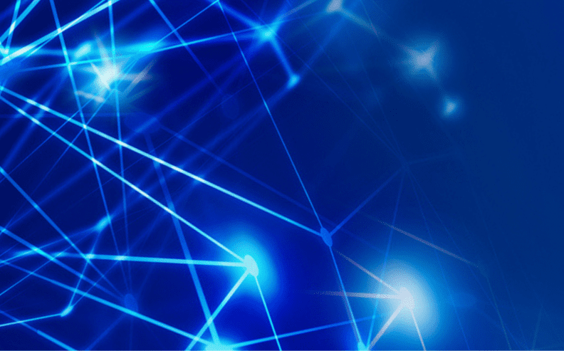 Blue background with intersecting glowing lines and points of light, resembling a digital network or abstract representation of data connections.