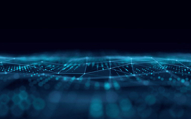 A digital abstract background with glowing blue lines and dots forming a network or grid pattern on a dark surface, evoking technology, data, connectivity, and the innovative spirit of Radiant Logic News.