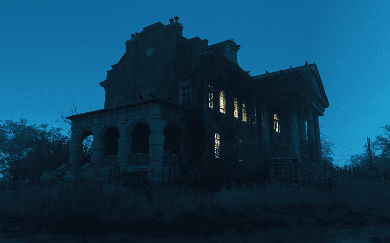 A large, old, abandoned mansion stands in the dark, illuminated by a blue hue with several windows glowing yellow, surrounded by overgrown grass and trees, creating a mysterious and eerie atmosphere.