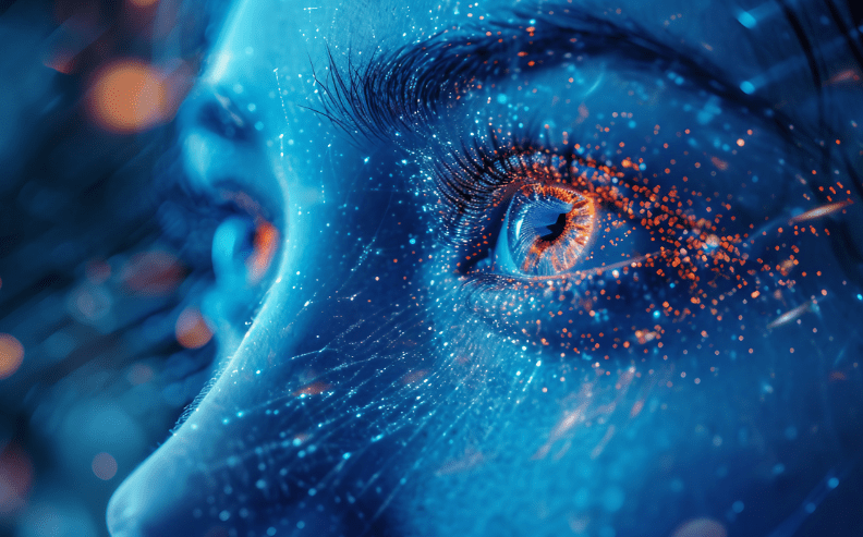 A close-up of a human face, digitally enhanced with glowing blue and orange dots and lines, focusing on the eye, evoking a futuristic or cybernetic theme.