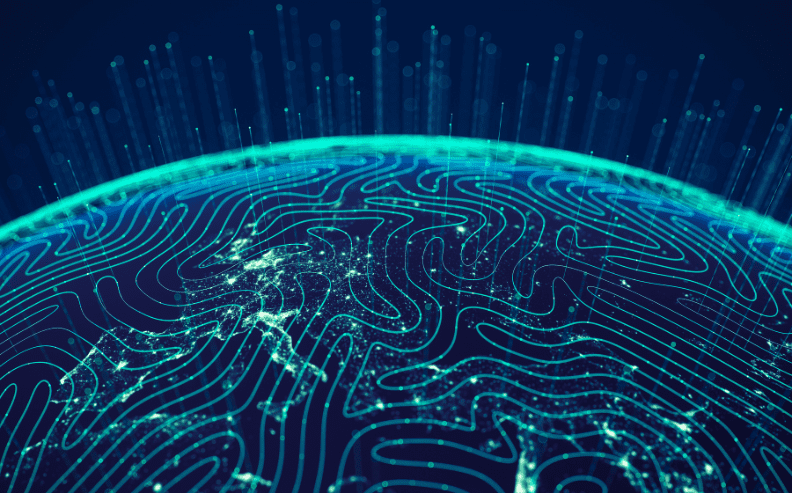A glowing, abstract digital globe with swirling neon lines and bright points of light, representing data flow and global connectivity against a dark background.