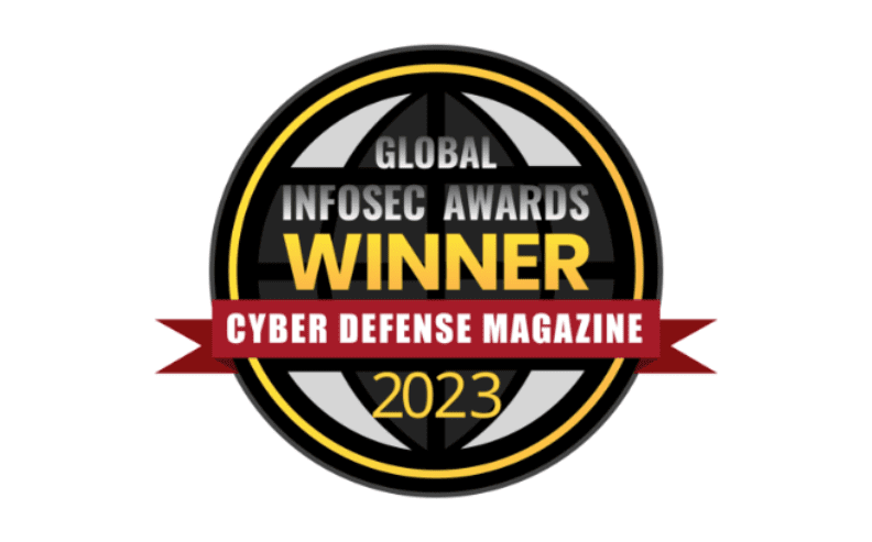 A circular badge with text: Global Infosec Awards Winner, Cyber Defense Magazine 2023, featuring a red ribbon and gold, black, and white colors.