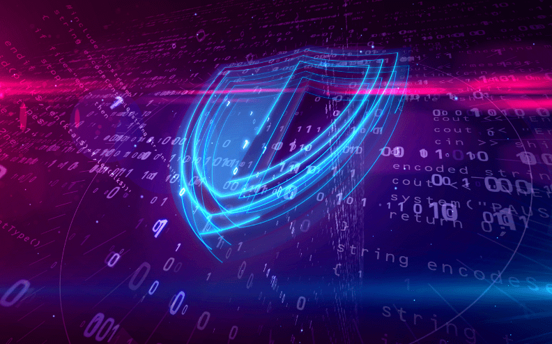 A glowing blue shield icon overlays a digital background of binary code, symbols, and pinkish-purple light, representing cybersecurity or data protection.