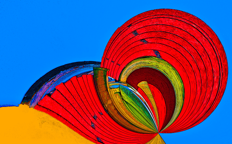 Abstract digital art featuring bold, swirling shapes in red, yellow, and green against a bright blue background. The composition includes concentric curved lines, creating a dynamic, vibrant visual effect.