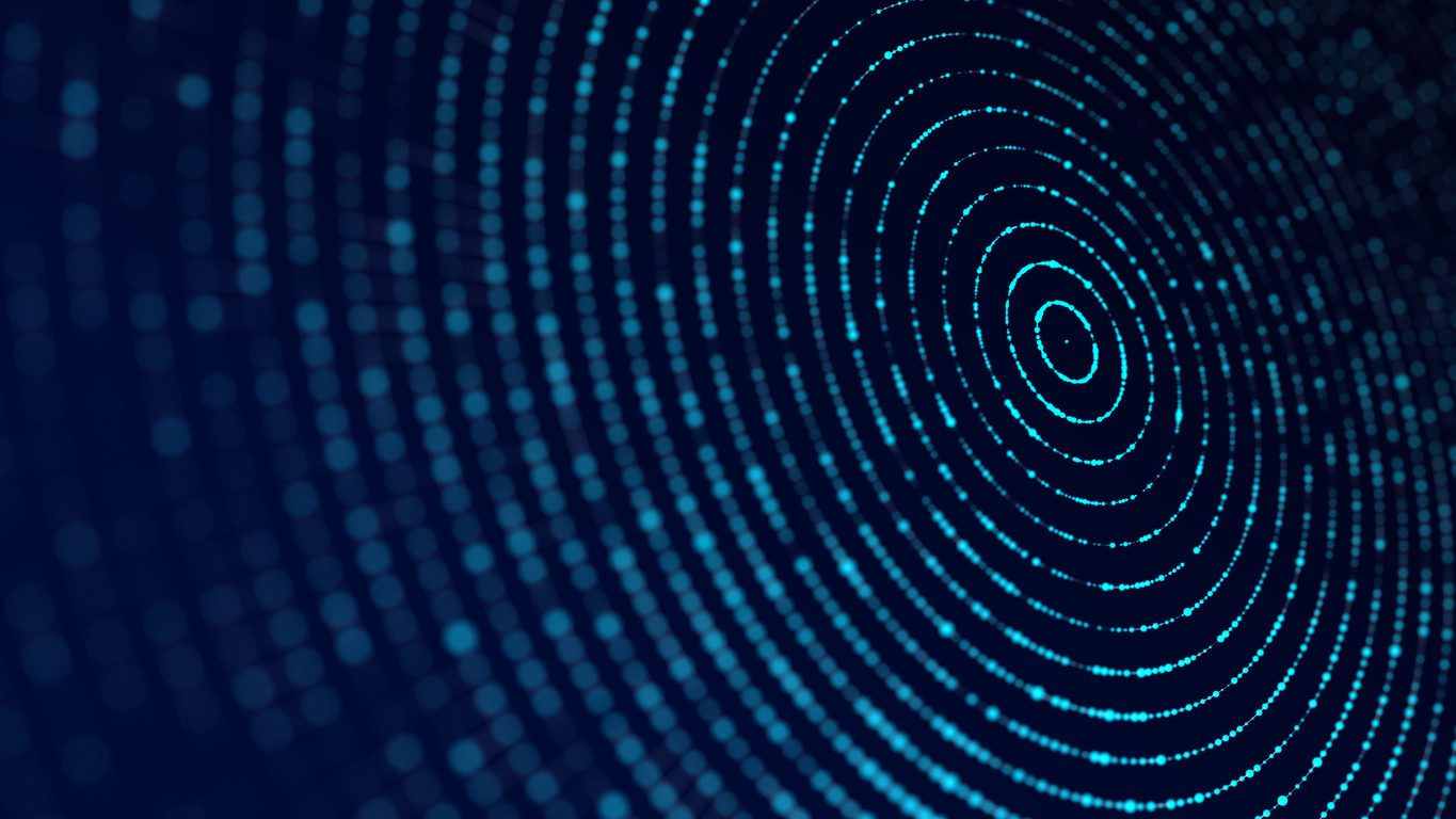 A digital abstract image featuring concentric circles made of glowing blue dots on a dark background, creating a sense of depth and movement reminiscent of soundwaves or a ripple effect.