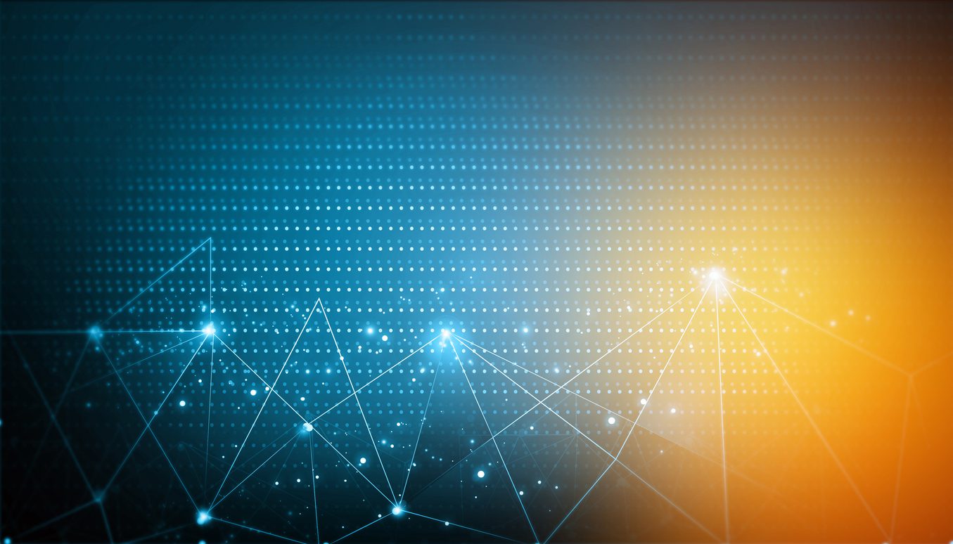 Abstract digital background featuring a blue gradient with small glowing dots, geometric lines, and nodes, transitioning to a bright orange-yellow area on the right side.