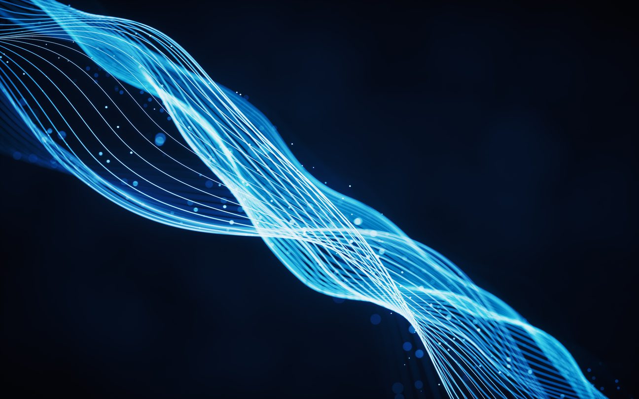 A digital illustration of intertwining blue light waves with glowing accents on a dark background, creating an abstract, futuristic effect.