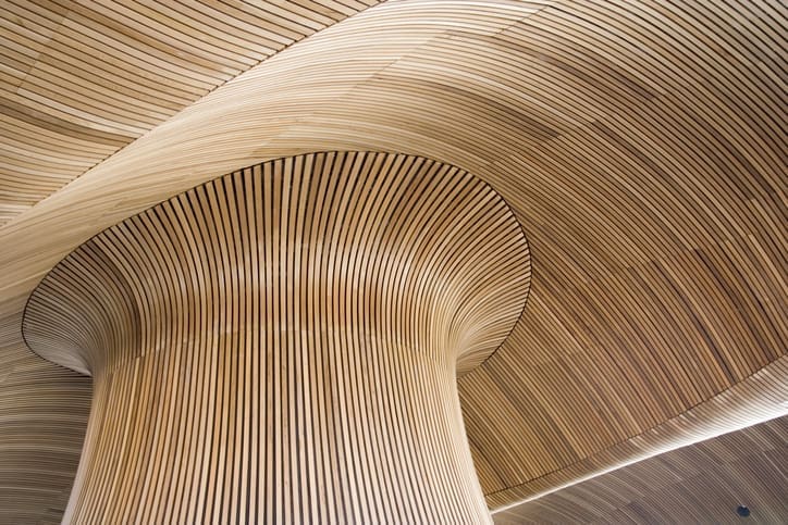 Curved wooden slats form an organic, mushroom-like architectural structure, with vertical lines on a central column flowing seamlessly into undulating ceiling panels above.