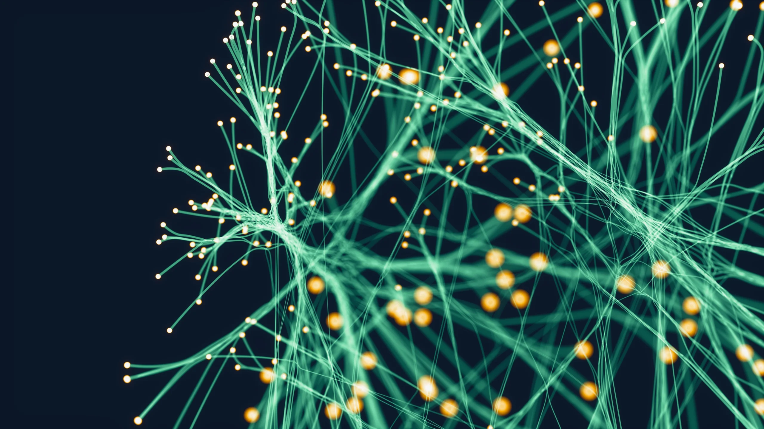 A digital illustration of interconnected neural network structures with turquoise lines and nodes, and glowing yellow spheres representing data points or neural activity on a dark background.