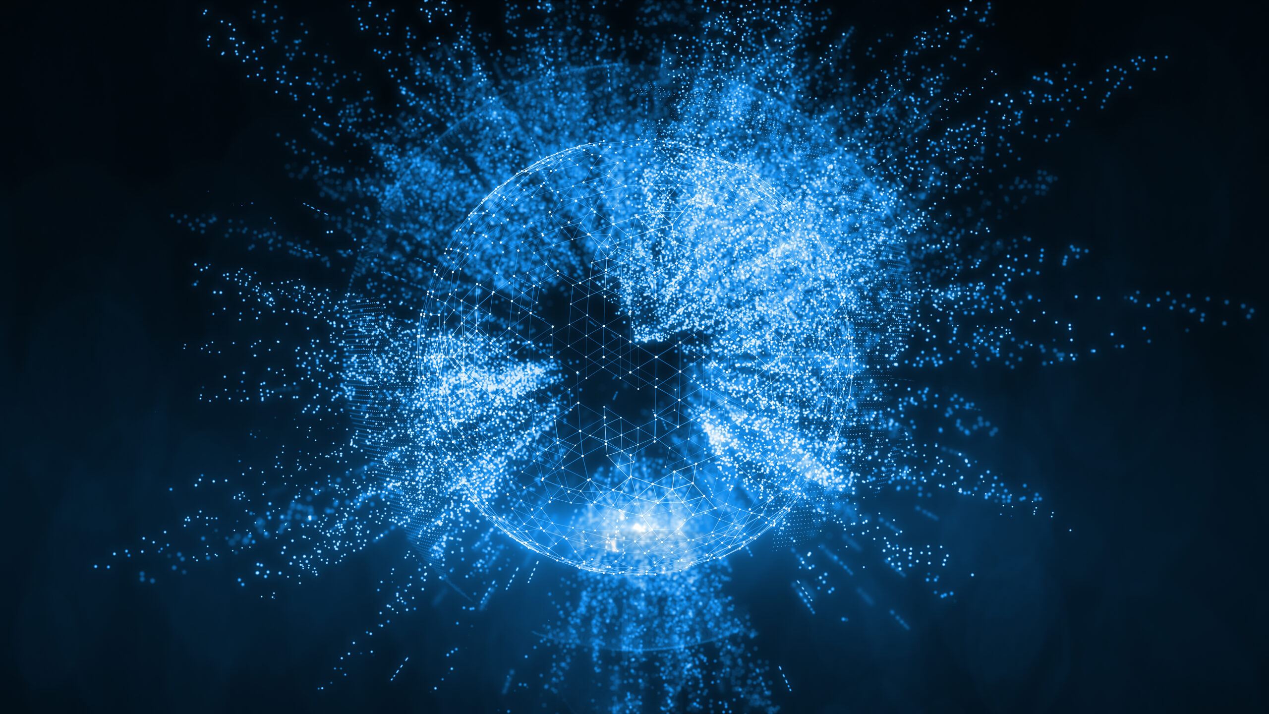 A glowing blue digital sphere made of small particles and hexagonal patterns, with light streaks radiating outward on a dark background, evoking a sense of technology and data visualization.