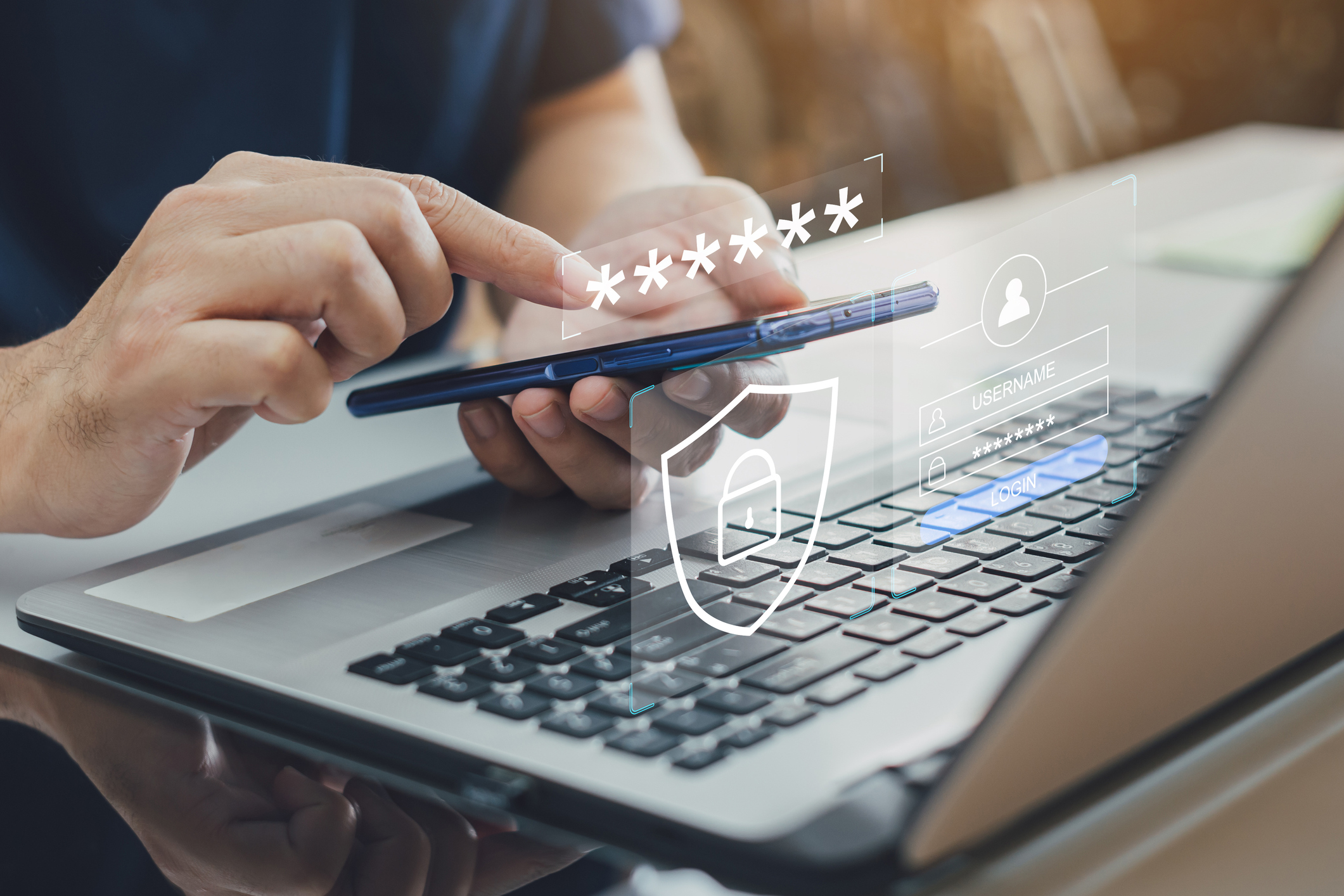 A person using a smartphone and laptop, with digital security icons overlays showing a shield, lock, username, and obscured password, symbolizing online account login and cybersecurity protection.