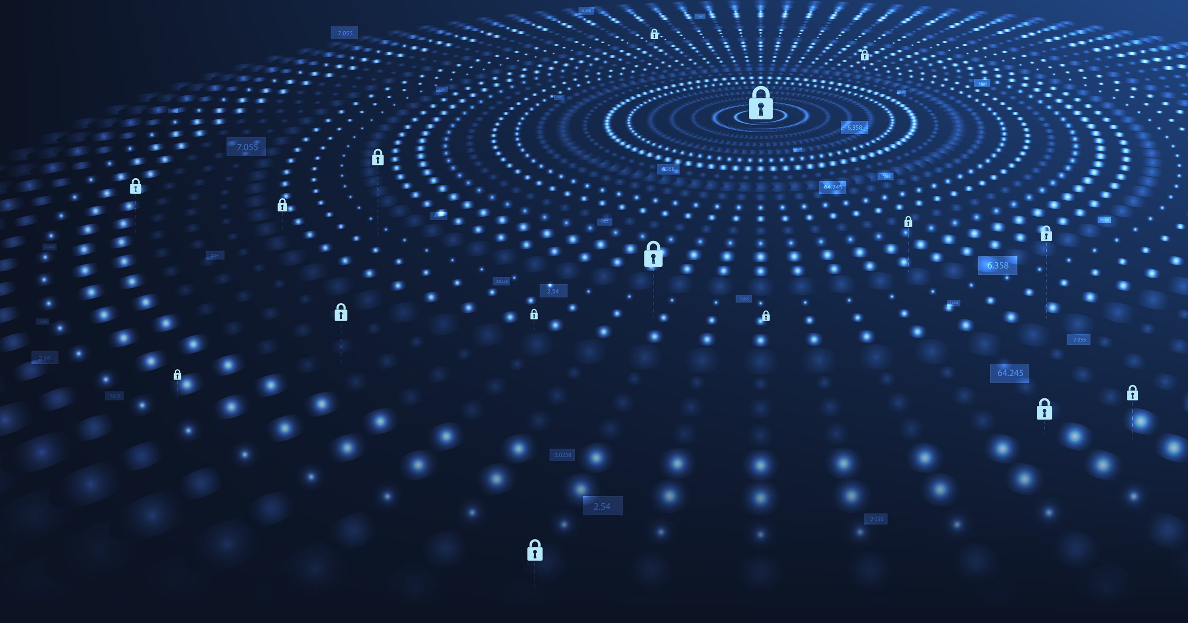 A digital illustration of concentric circles made up of glowing blue dots, with padlock icons scattered throughout, symbolizing cybersecurity and data protection on a dark blue background.
