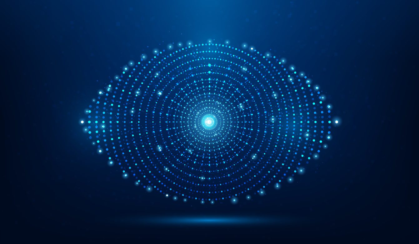 A digital eye shape formed by concentric circles of glowing blue dots on a dark blue background, with a bright central point suggesting vision or technology.